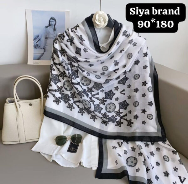 Premium  Viscose Printed Stoles Long Hijab Black And White With Flower Full Size