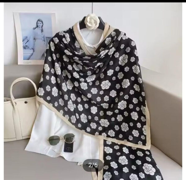Premium  Viscose Printed Stoles Long Hijab Black And White With Flower Full Size
